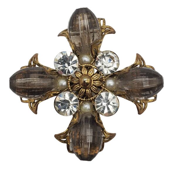 Maltese Cross Brooch Smoke Acrylic Gothic Revival Pin Gold Tone Rhinestones Vtg - Picture 2 of 10